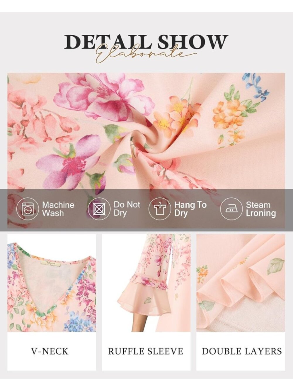 Women's Top Multi Casual Ruffle 3/4 Sleeves V Neck Floral Chiffon Blouses - Picture 4 of 5